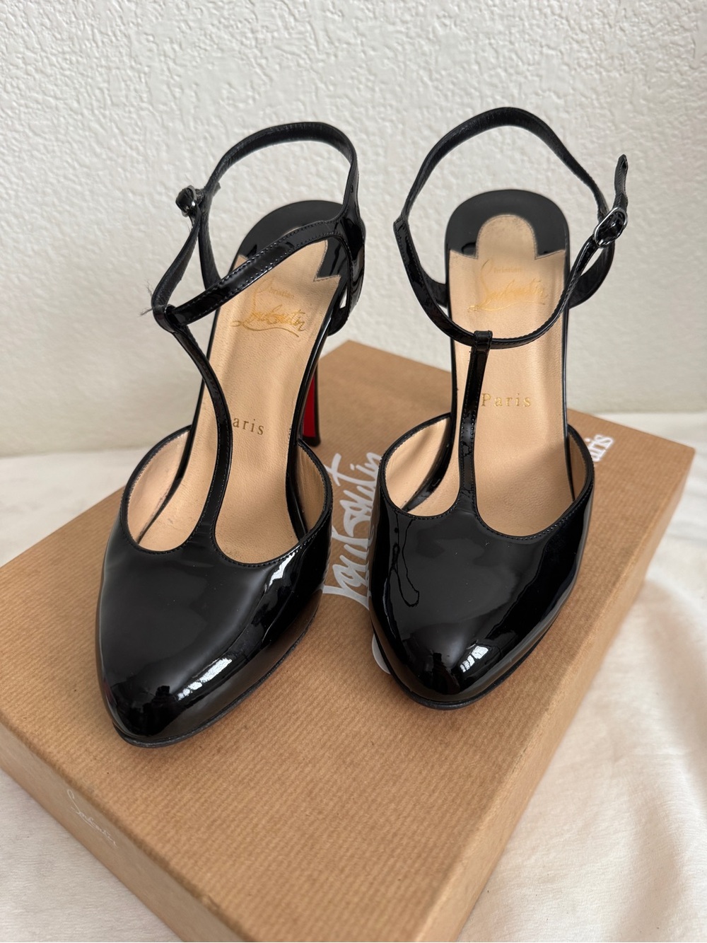 Christian Louboutin Black Patent Leather T-Strap Red-Bottom Stilettos